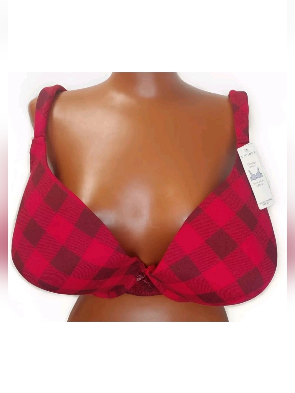 Cacique Bra Woman Sz 44G Red Plaid Cotton Boost Plunge Underwire Nwt